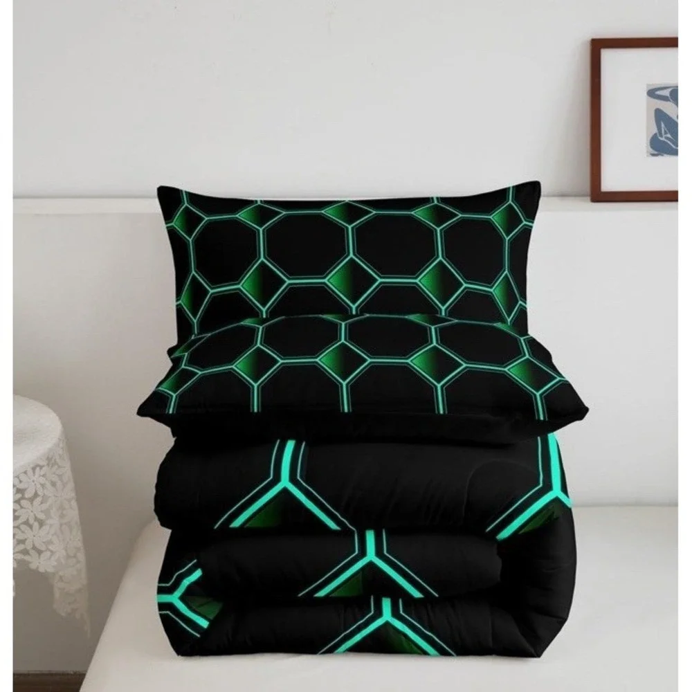 Hexagonal Bedding Set 3D Geometric Honeycomb Comforter Set Green Sz King